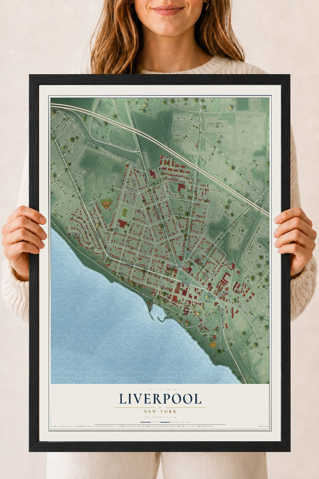 Liverpool, New York map print, 18" x 24" W/ Black Ayous Wood Frame mockup