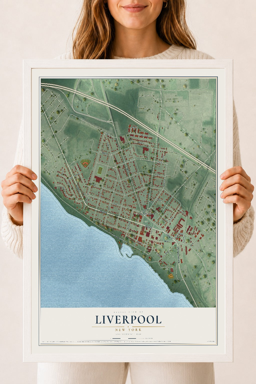 Liverpool, New York map print, 18" x 24" W/ White Ayous Wood Frame mockup