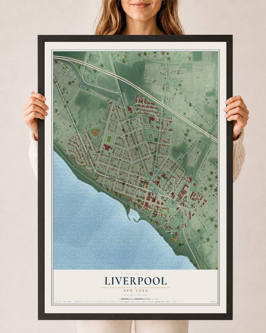 Liverpool, New York map print, 24" x 36" W/ Black Ayous Wood Frame mockup