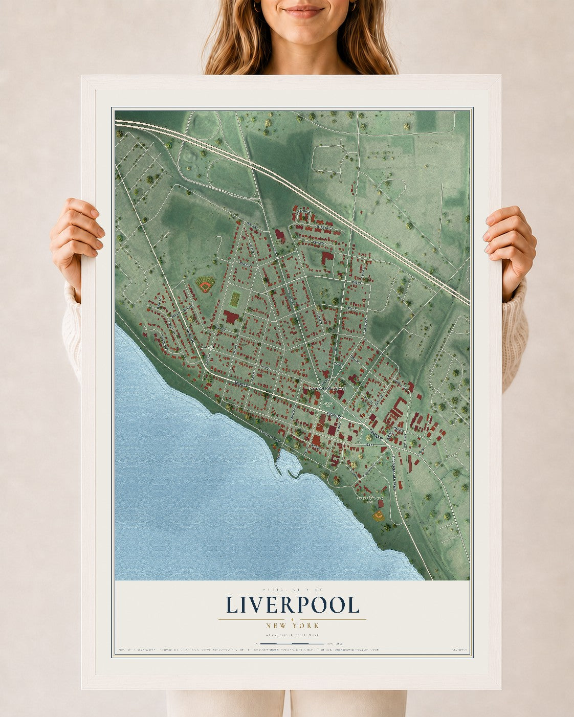 Liverpool, New York map print, 24" x 36" W/ White Ayous Wood Frame mockup