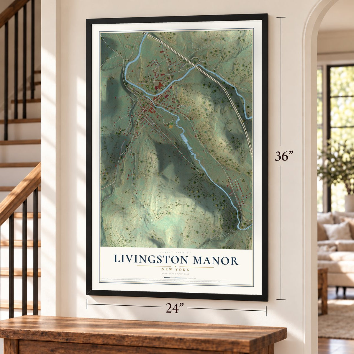 Livingston Manor, New York map, 24 x 36 inch print in a black frame by a staircase