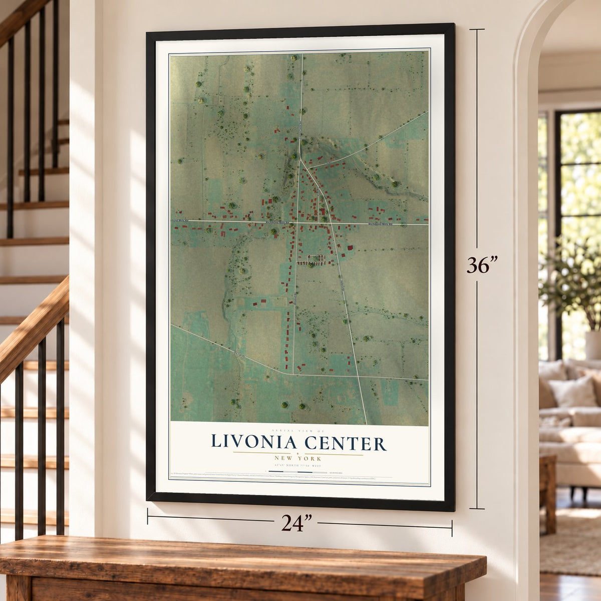 Livonia Center, New York map, 24 x 36 inch print in a black frame by a staircase