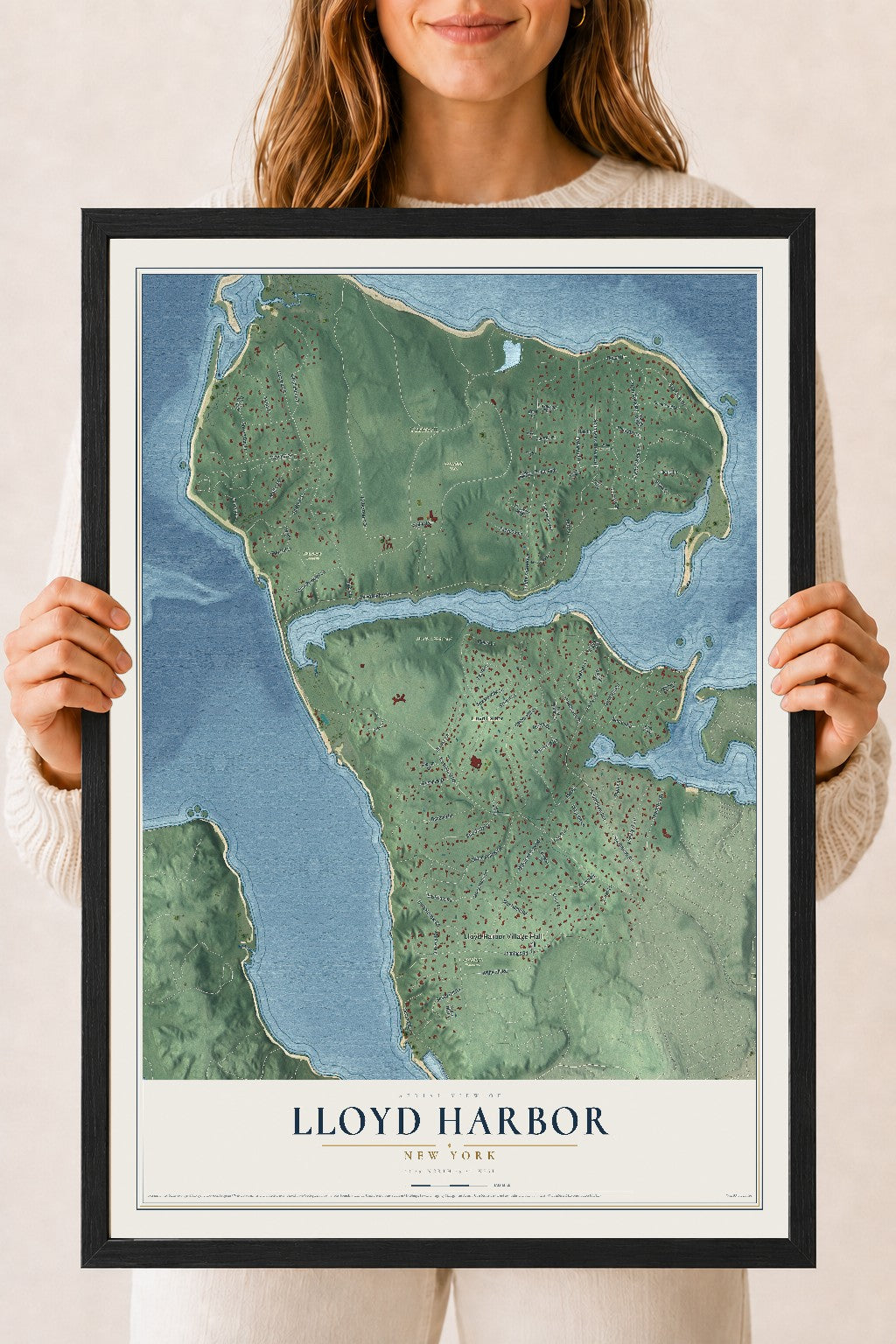 Lloyd Harbor, New York map print, 18" x 24" W/ Black Ayous Wood Frame mockup