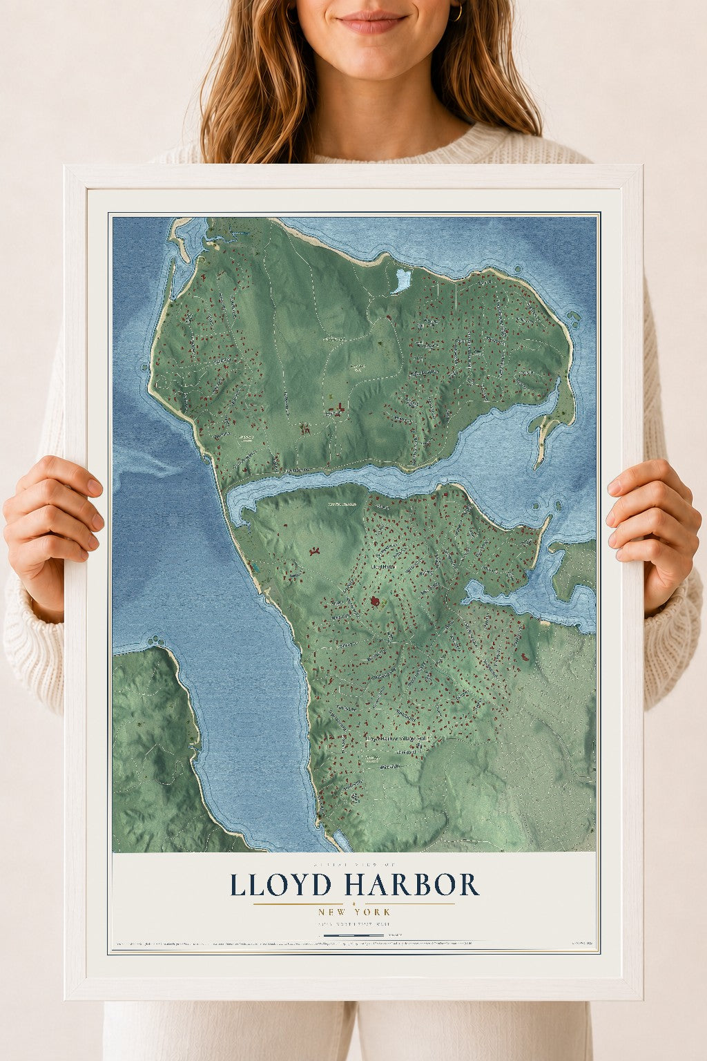 Lloyd Harbor, New York map print, 18" x 24" W/ White Ayous Wood Frame mockup