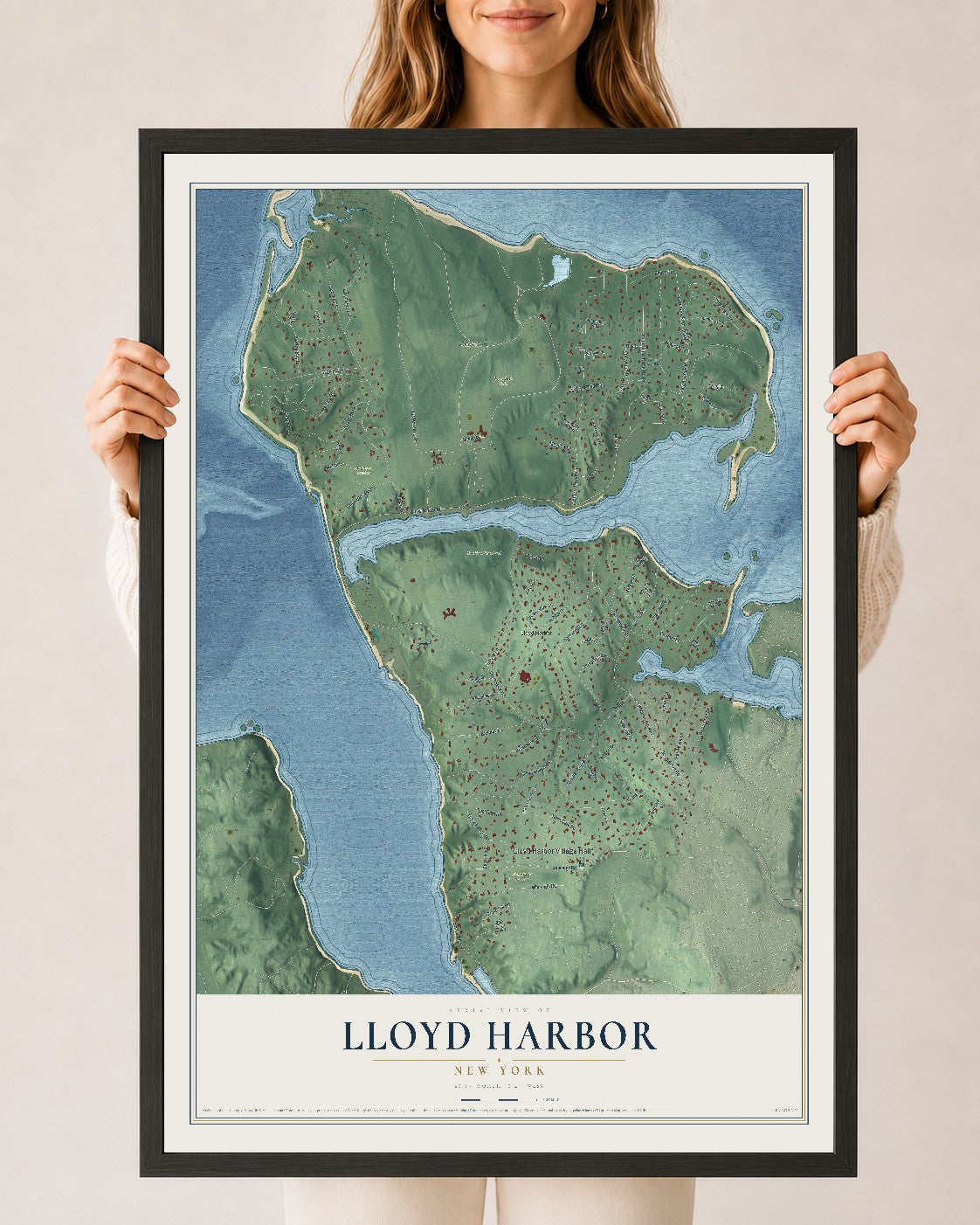 Lloyd Harbor, New York map print, 24" x 36" W/ Black Ayous Wood Frame mockup