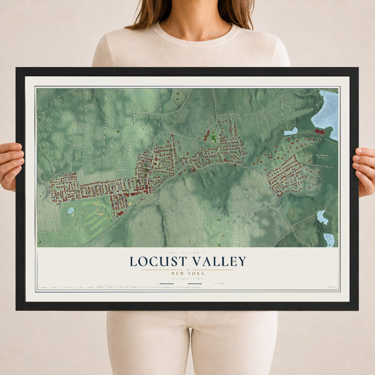 Locust Valley, New York map print, 18" x 24" W/ Black Ayous Wood Frame mockup