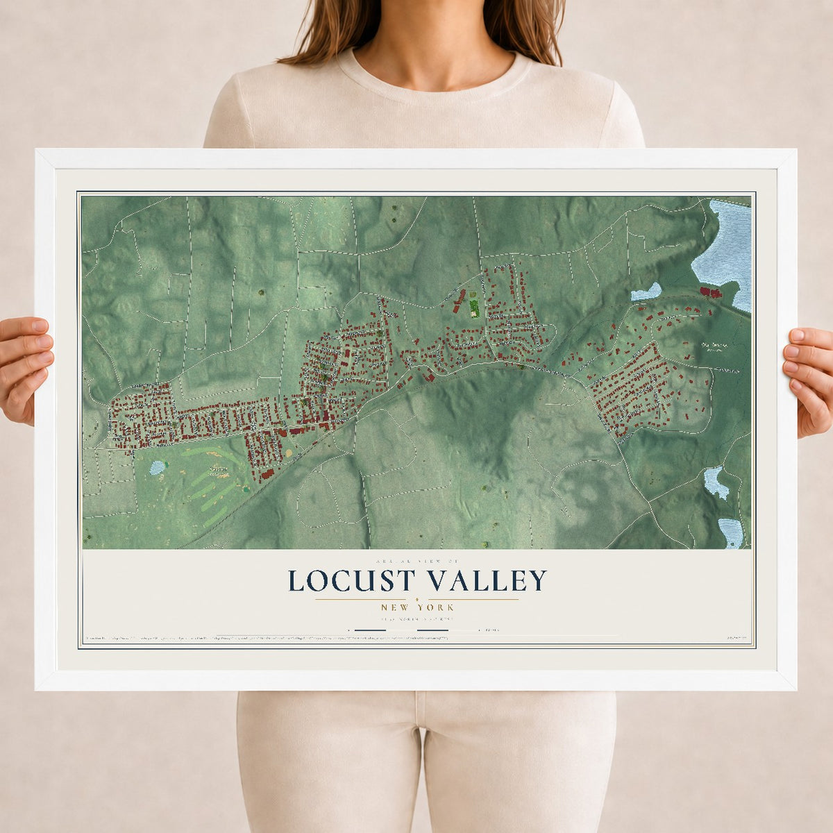 Locust Valley, New York map print, 18" x 24" W/ White Ayous Wood Frame mockup
