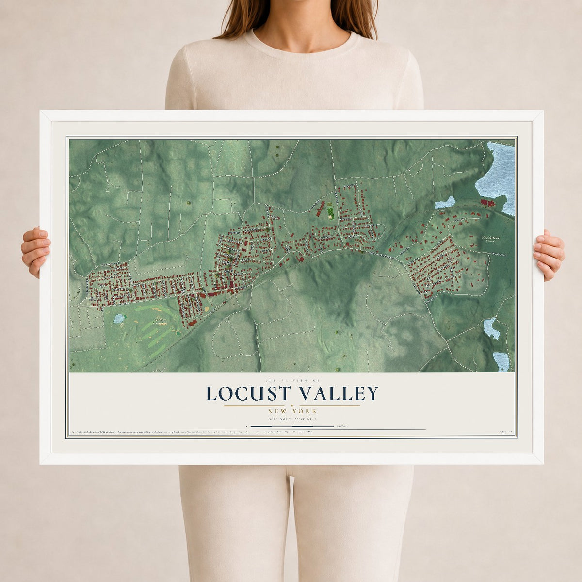 Locust Valley, New York map print, 24" x 36" W/ White Ayous Wood Frame mockup
