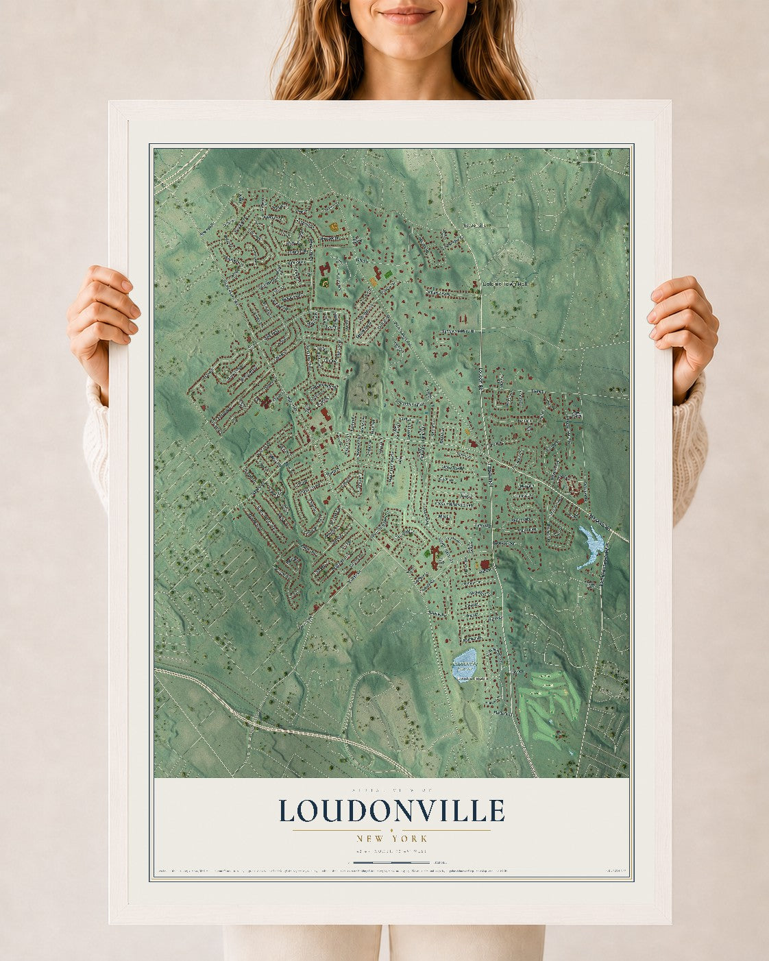 Loudonville, New York map print, 24" x 36" W/ White Ayous Wood Frame mockup