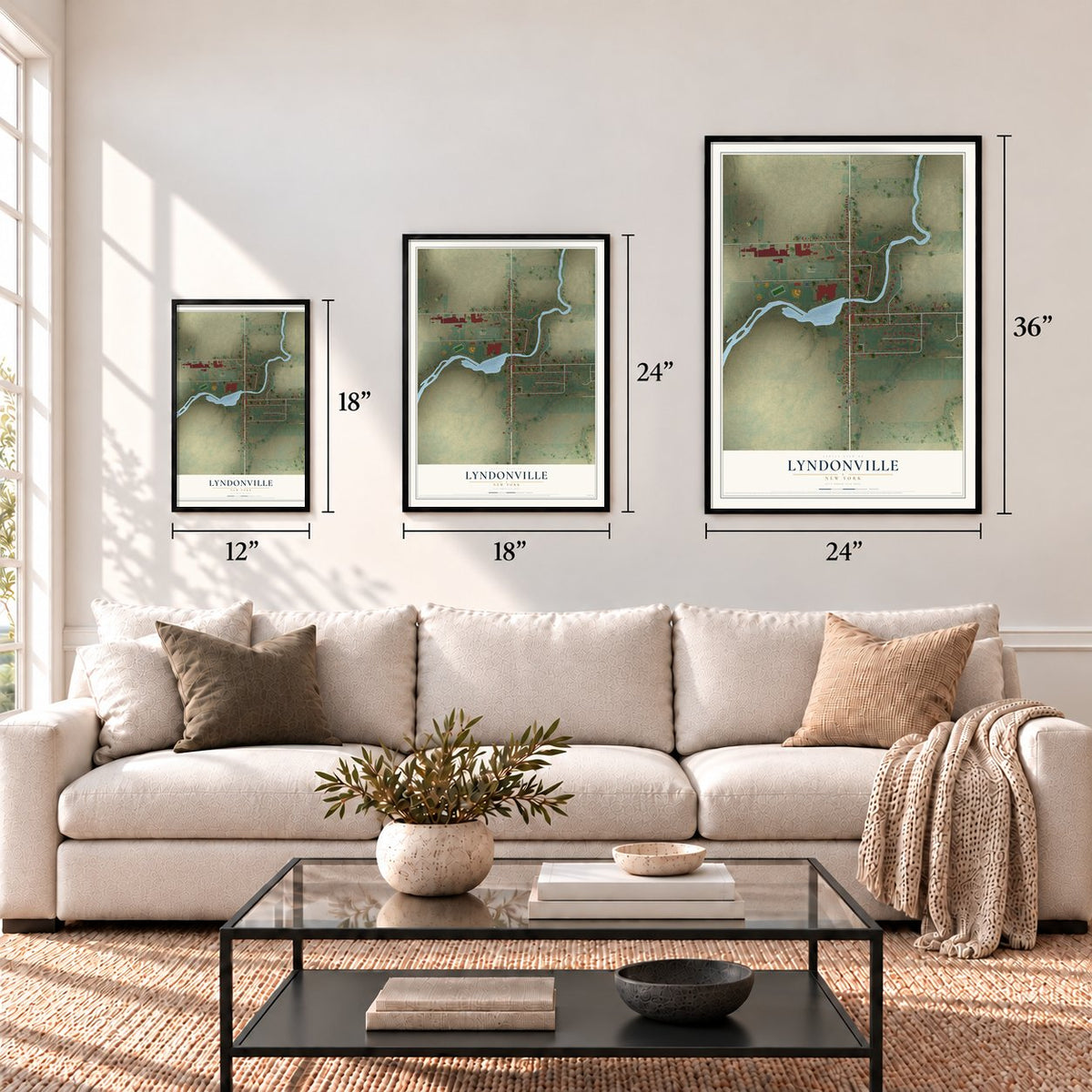 Lyndonville, New York map in 12 x 18, 18 x 24 and 24 x 36 inch sizes above a sofa
