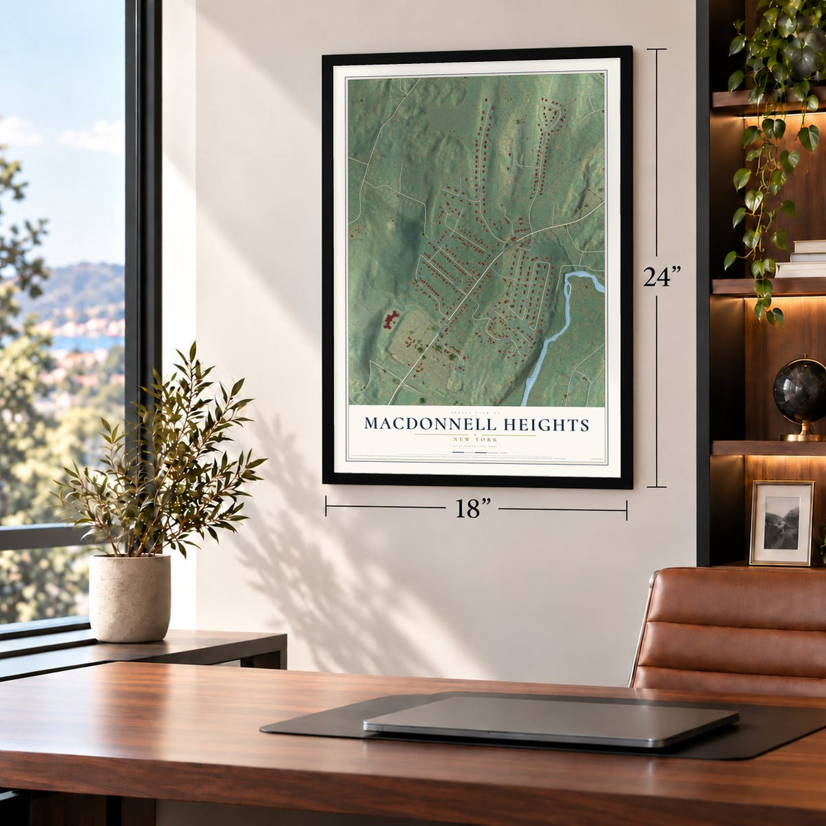 MacDonnell Heights, New York map, 18 x 24 inch print in a black frame in a home office