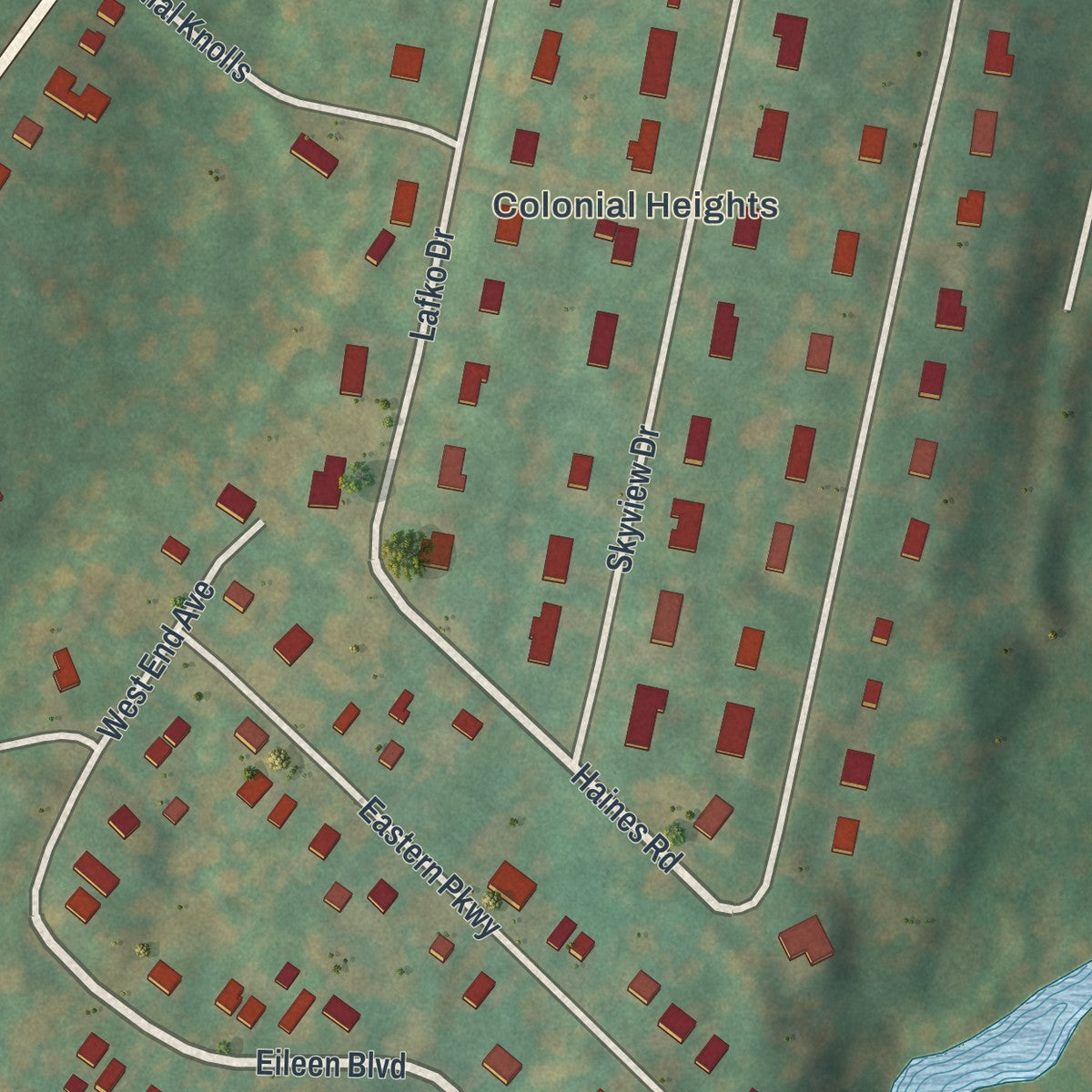 Close-up of the map of MacDonnell Heights, New York print showing street and building detail