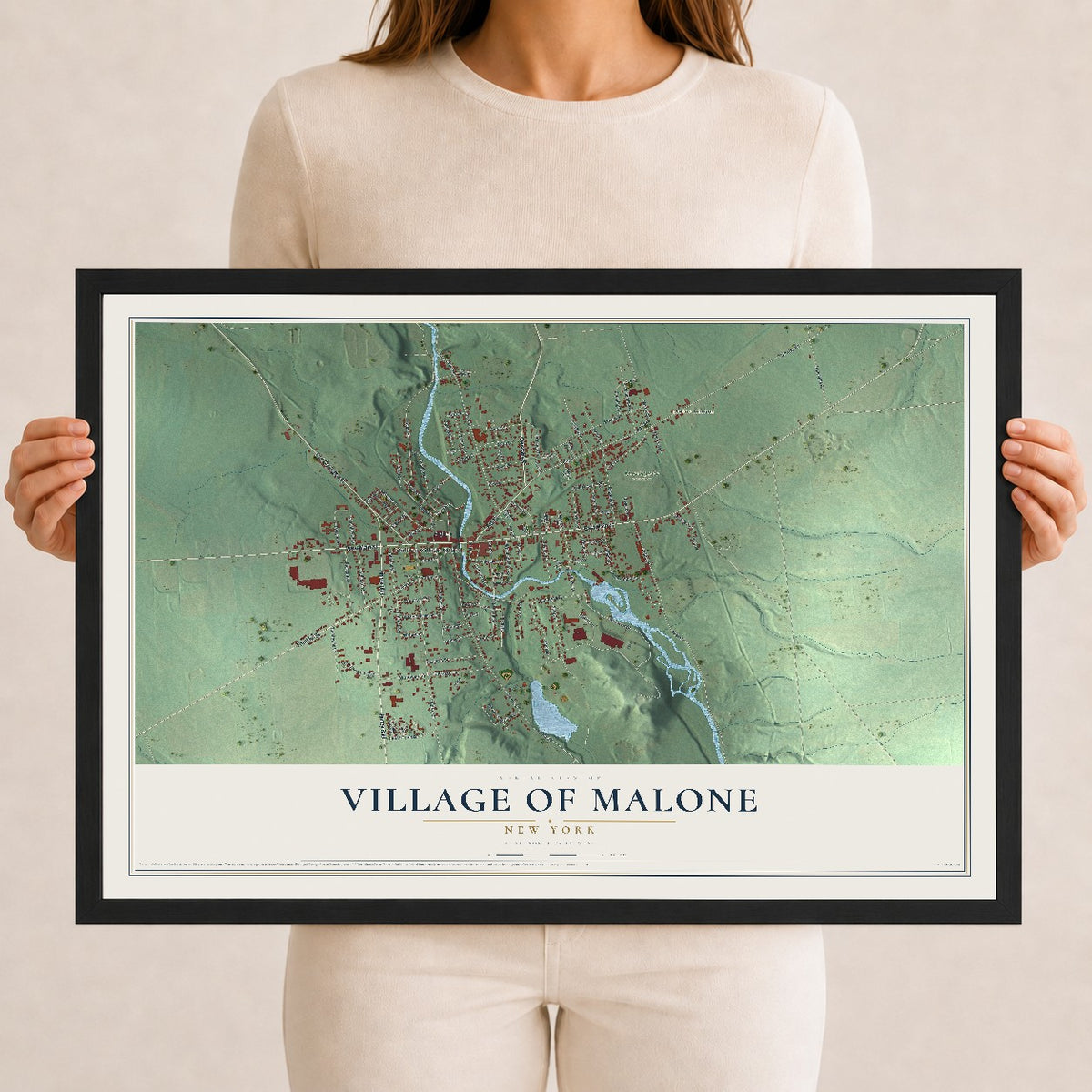 Malone, New York map print, 12" x 18" W/ Black Ayous Wood Frame mockup