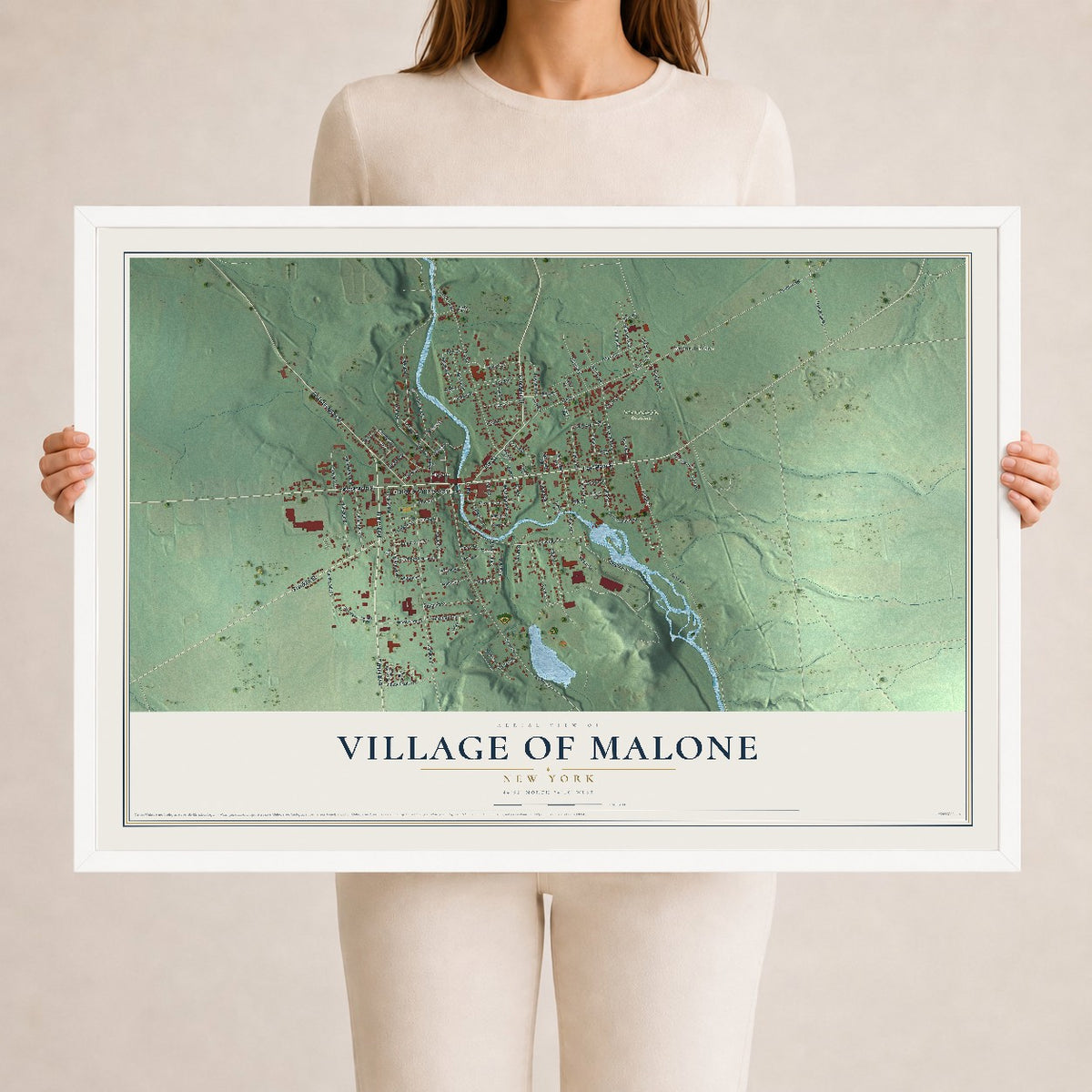 Malone, New York map print, 24" x 36" W/ White Ayous Wood Frame mockup