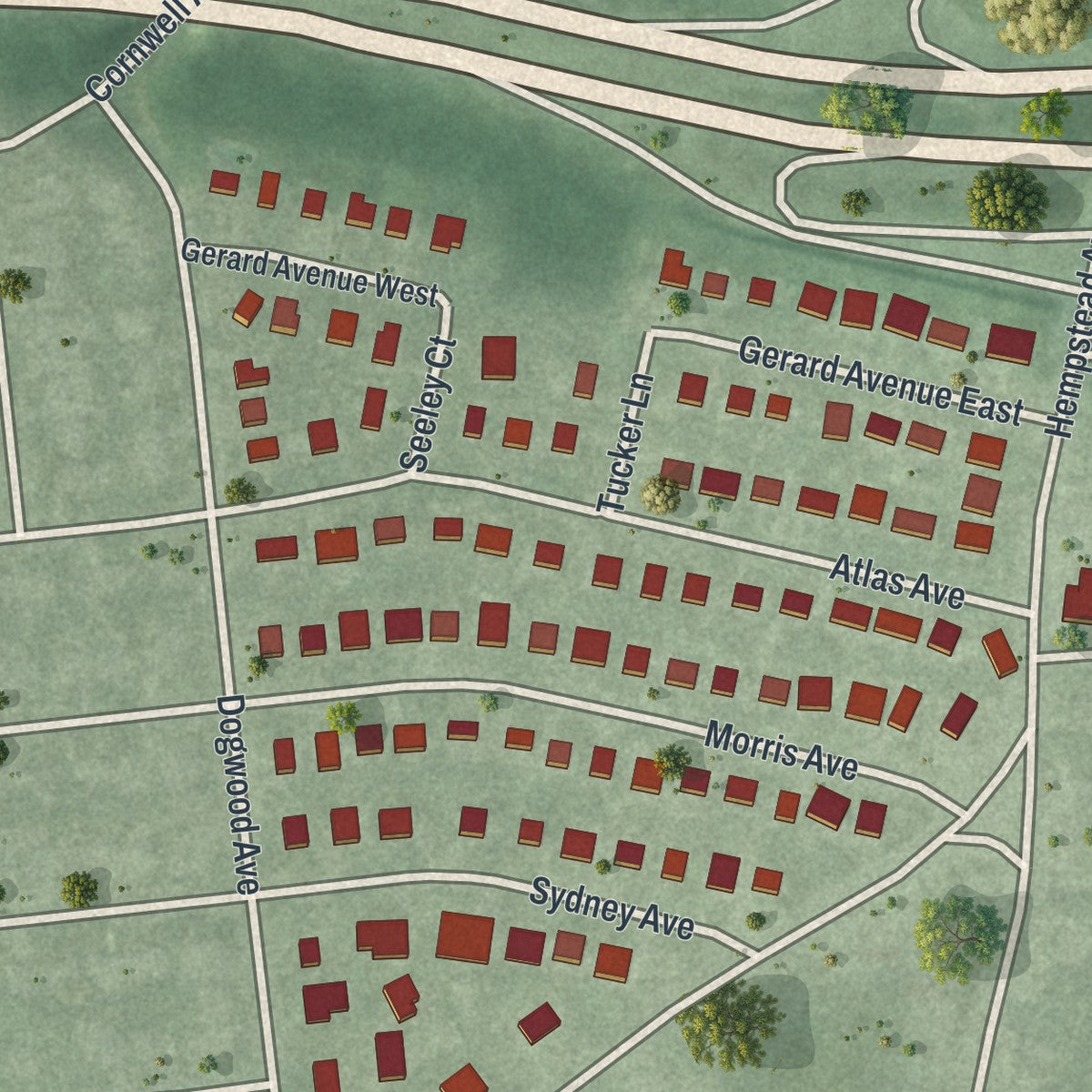Close-up of the map of Malverne Park Oaks, New York print showing street and building detail