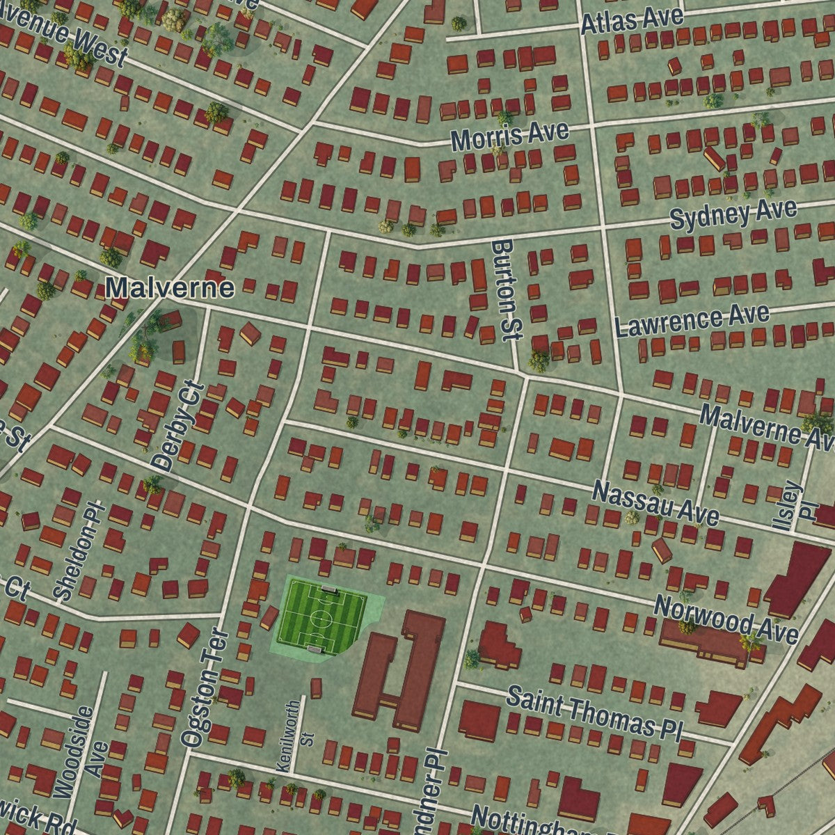 Close-up 1 of the Malverne, New York map artwork