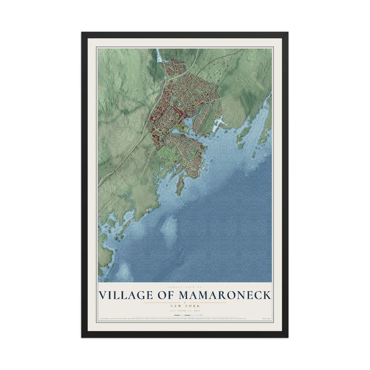 Mamaroneck, New York map print, 12" x 18" W/ Black Ayous Wood Frame mockup