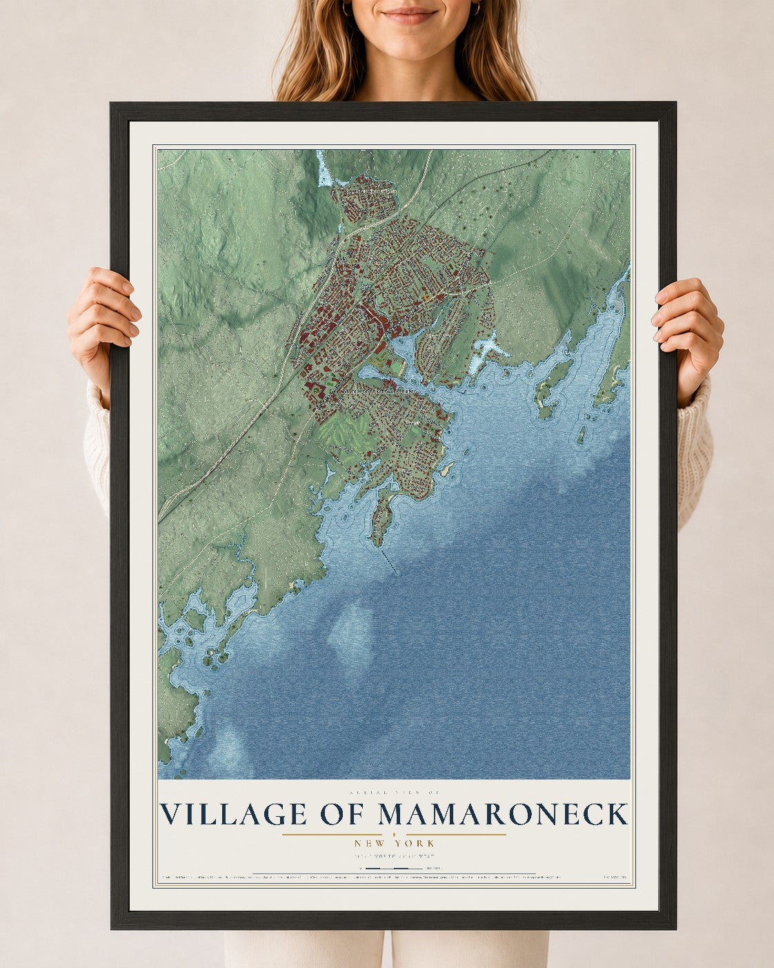 Mamaroneck, New York map print, 24" x 36" W/ Black Ayous Wood Frame mockup