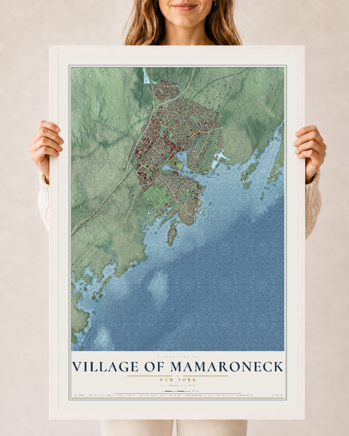 Mamaroneck, New York map print, 24" x 36" W/ White Ayous Wood Frame mockup