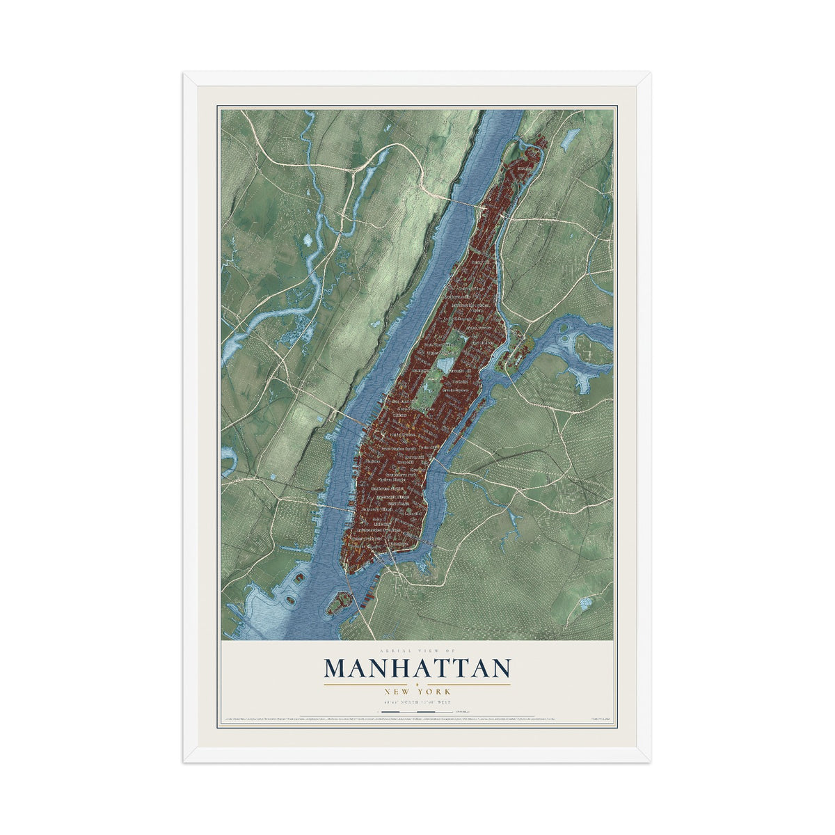 Map of Manhattan, New York, 12 x 18 inch print in a white wood frame