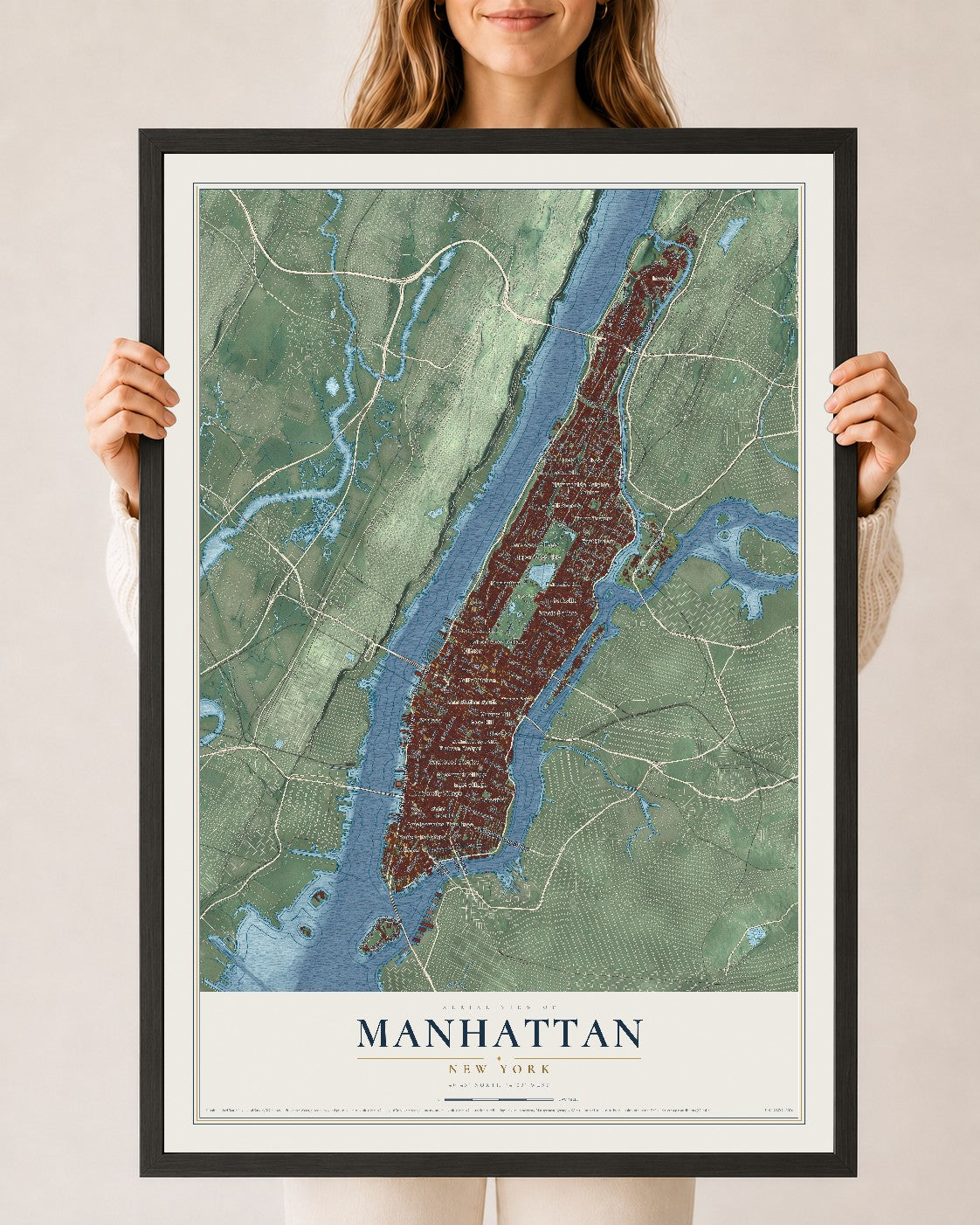 Map of Manhattan, New York, 24 x 36 inch print in a black wood frame