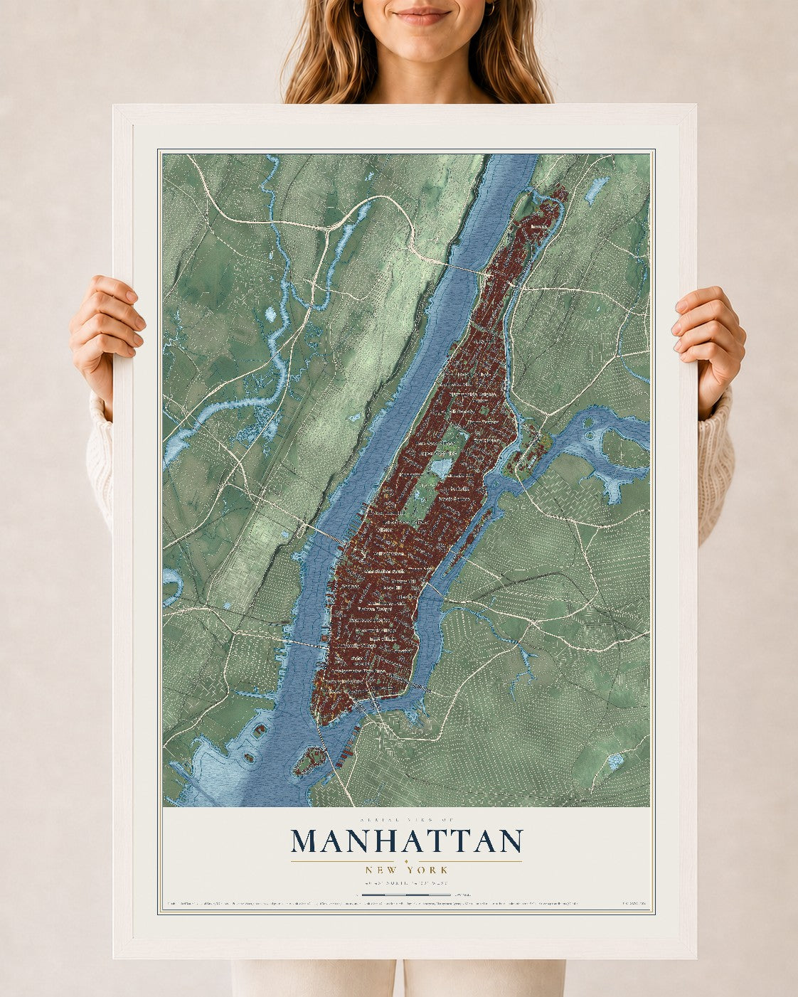 Map of Manhattan, New York, 24 x 36 inch print in a white wood frame