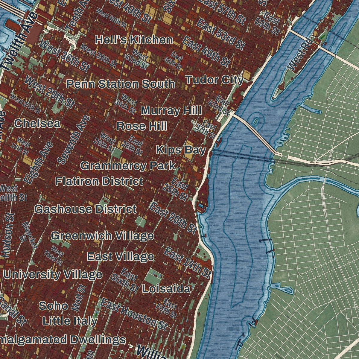 Close-up 2 of the Manhattan, New York map artwork