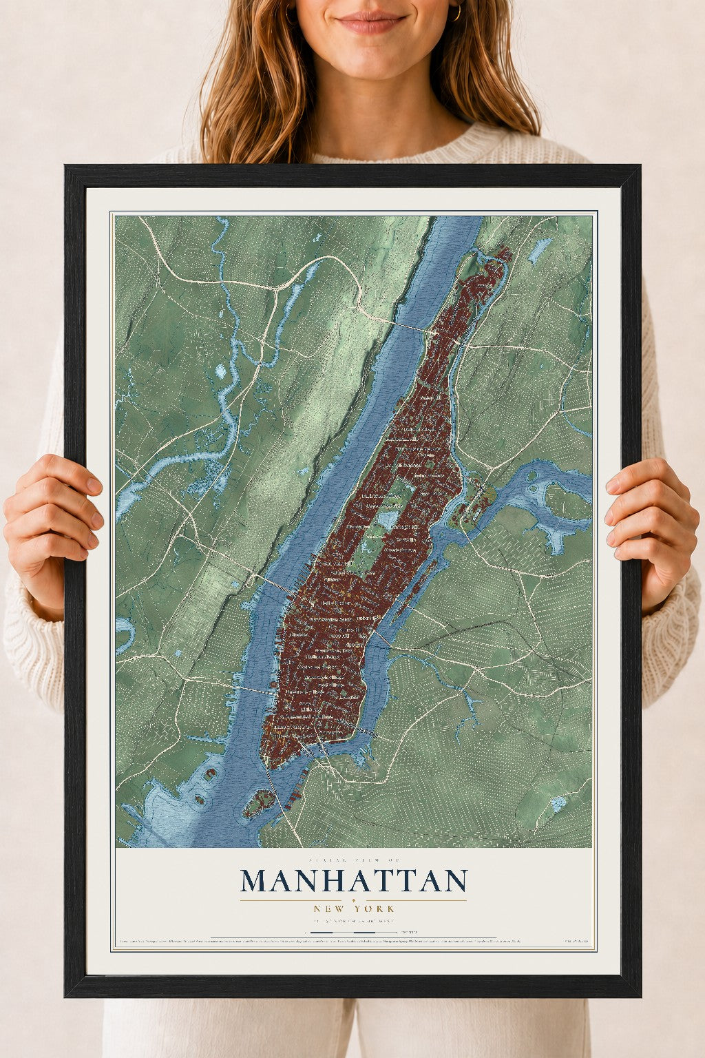 Manhattan, New York map print, 18" x 24" W/ Black Ayous Wood Frame mockup