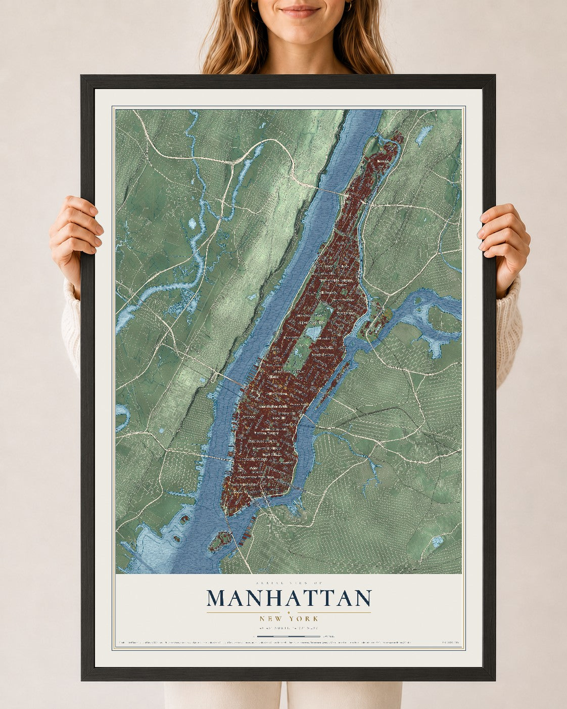 Manhattan, New York map print, 24" x 36" W/ Black Ayous Wood Frame mockup