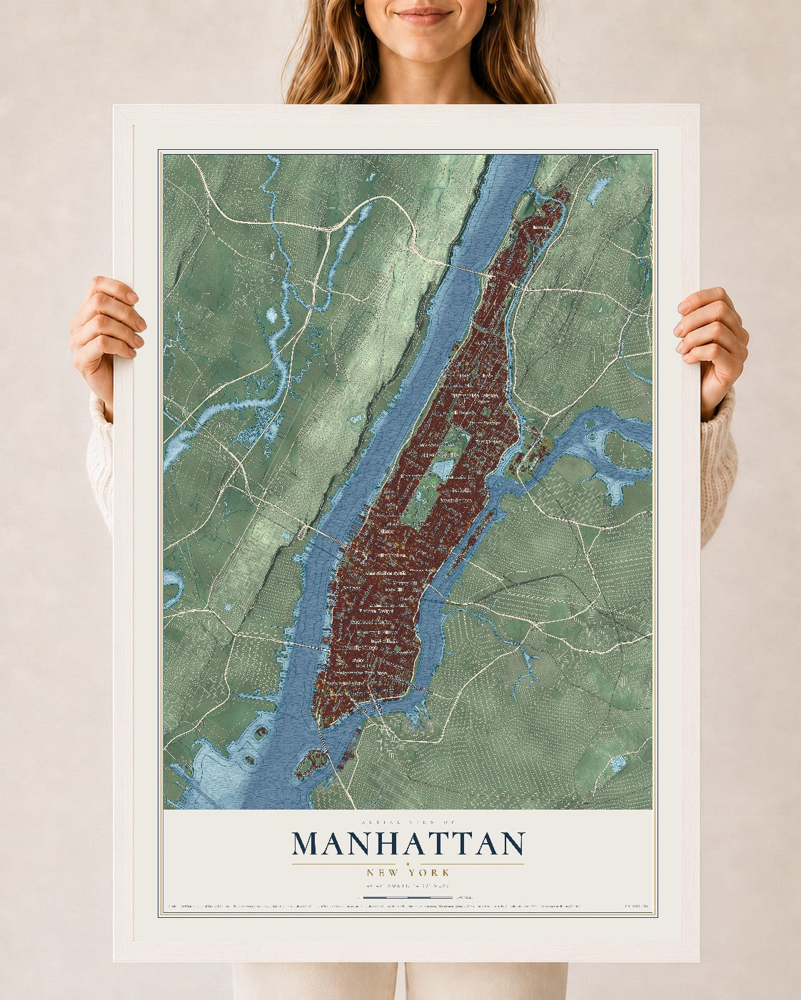 Manhattan, New York map print, 24" x 36" W/ White Ayous Wood Frame mockup
