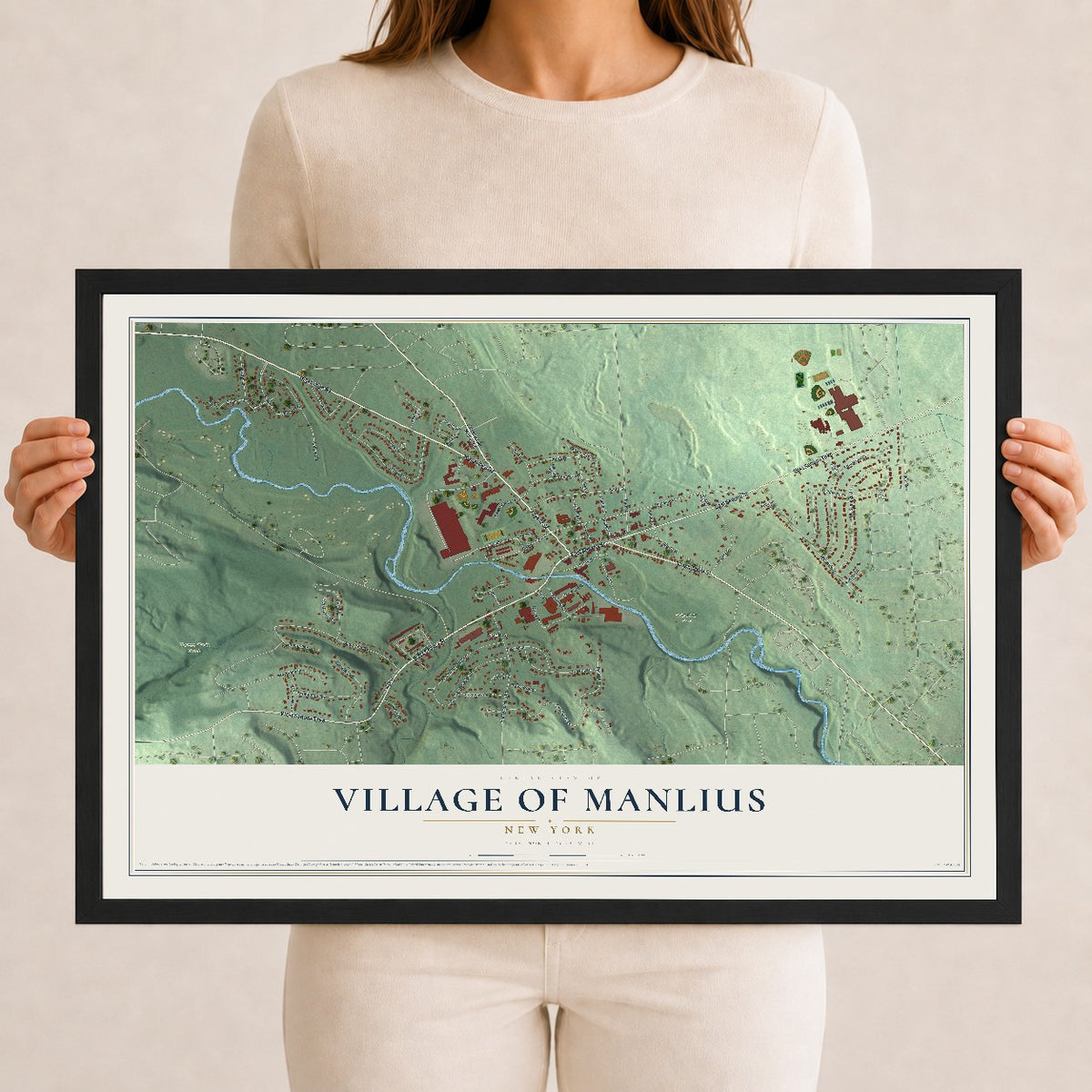 Manlius, New York map print, 12" x 18" W/ Black Ayous Wood Frame mockup