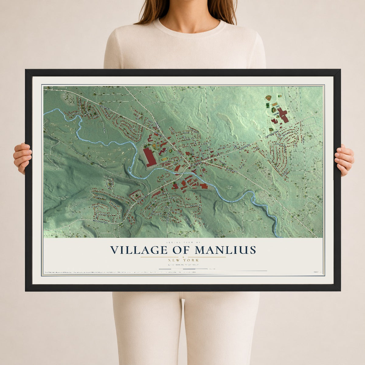 Manlius, New York map print, 24" x 36" W/ Black Ayous Wood Frame mockup