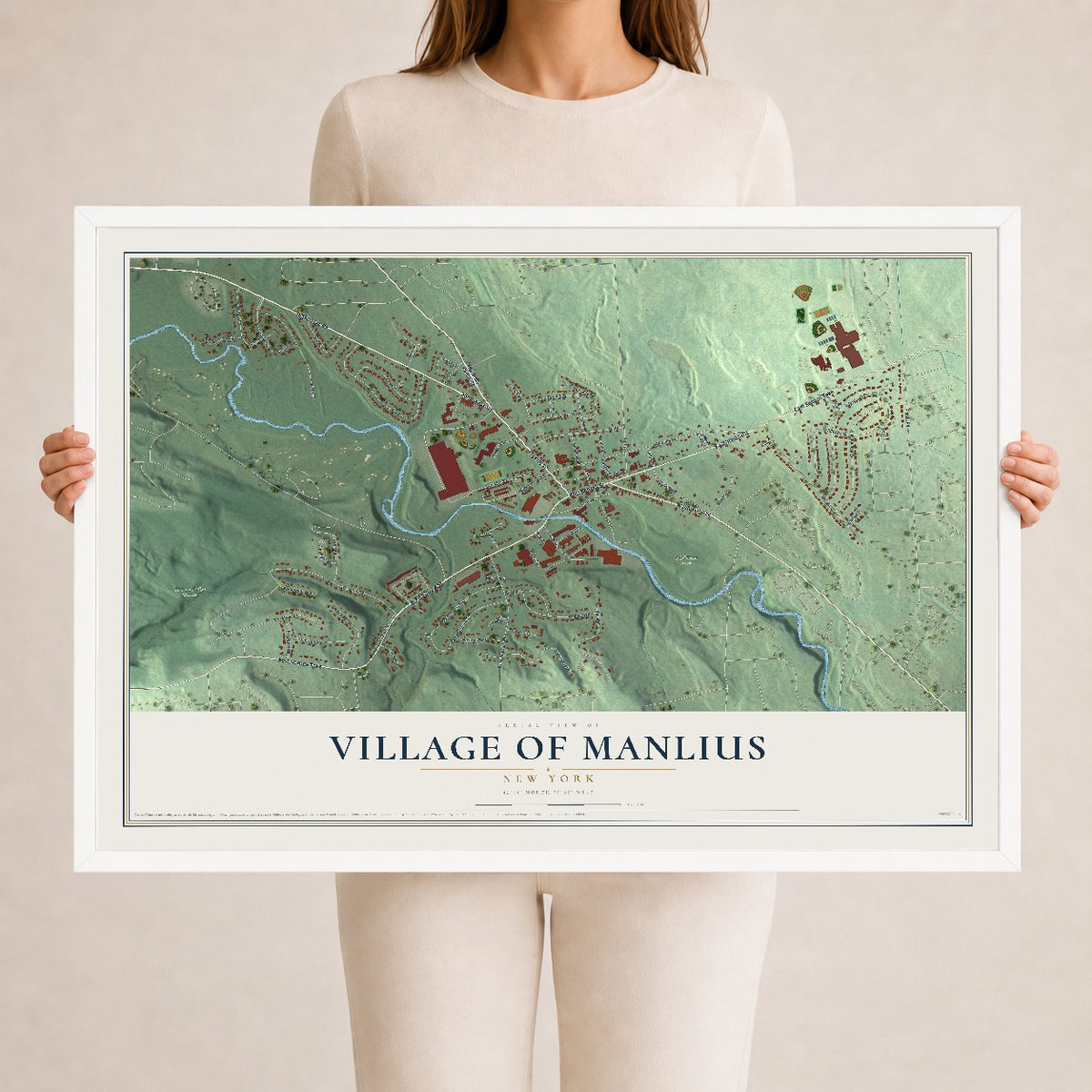 Manlius, New York map print, 24" x 36" W/ White Ayous Wood Frame mockup