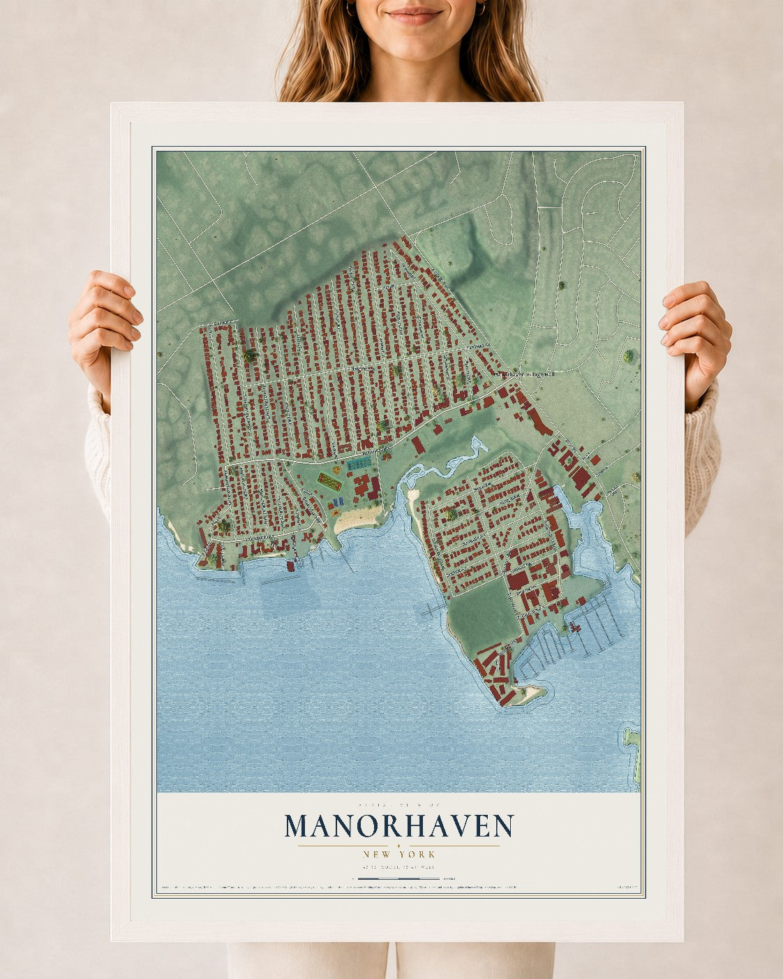 Manorhaven, New York map print, 24" x 36" W/ White Ayous Wood Frame mockup
