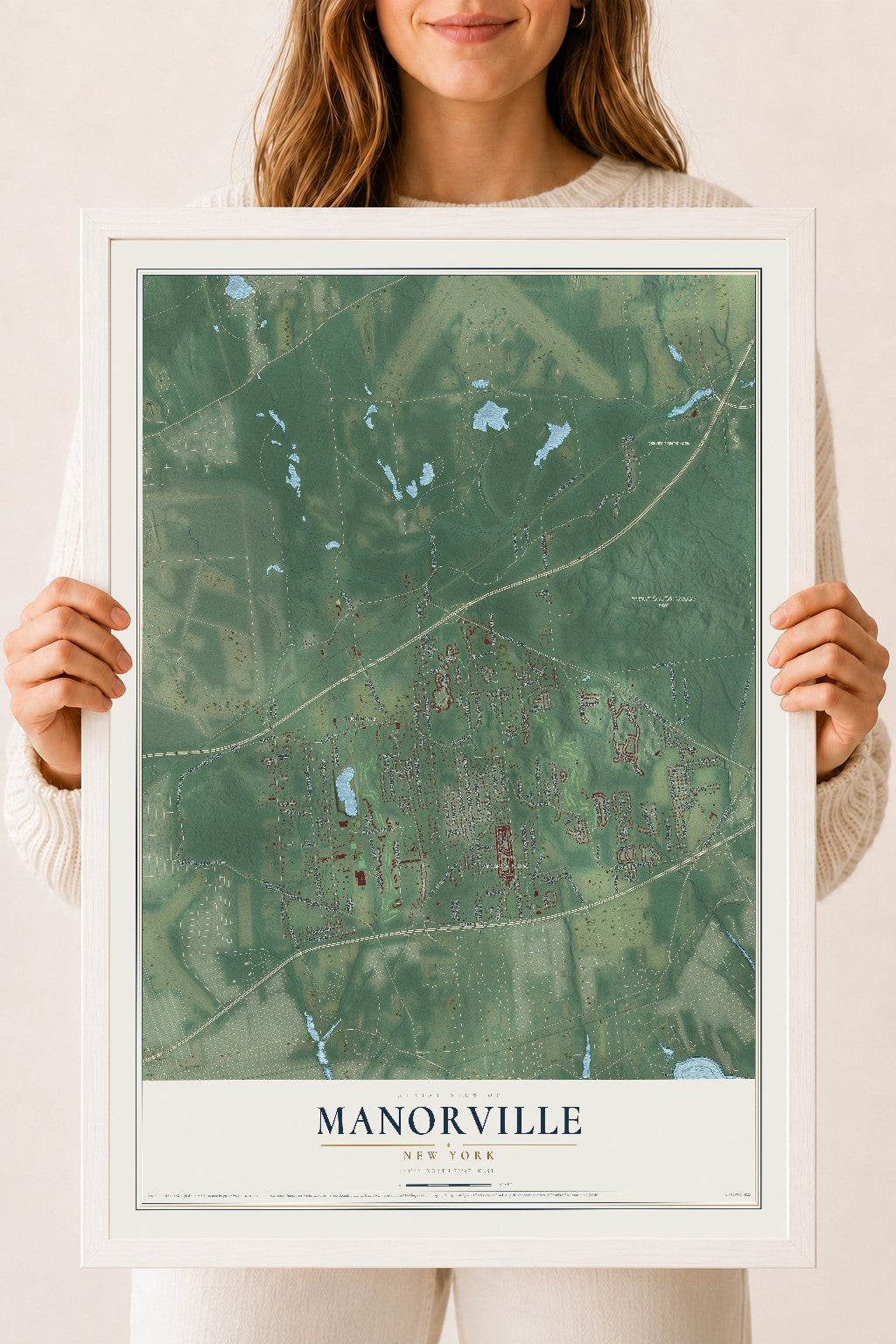 Manorville, New York map print, 18" x 24" W/ White Ayous Wood Frame mockup