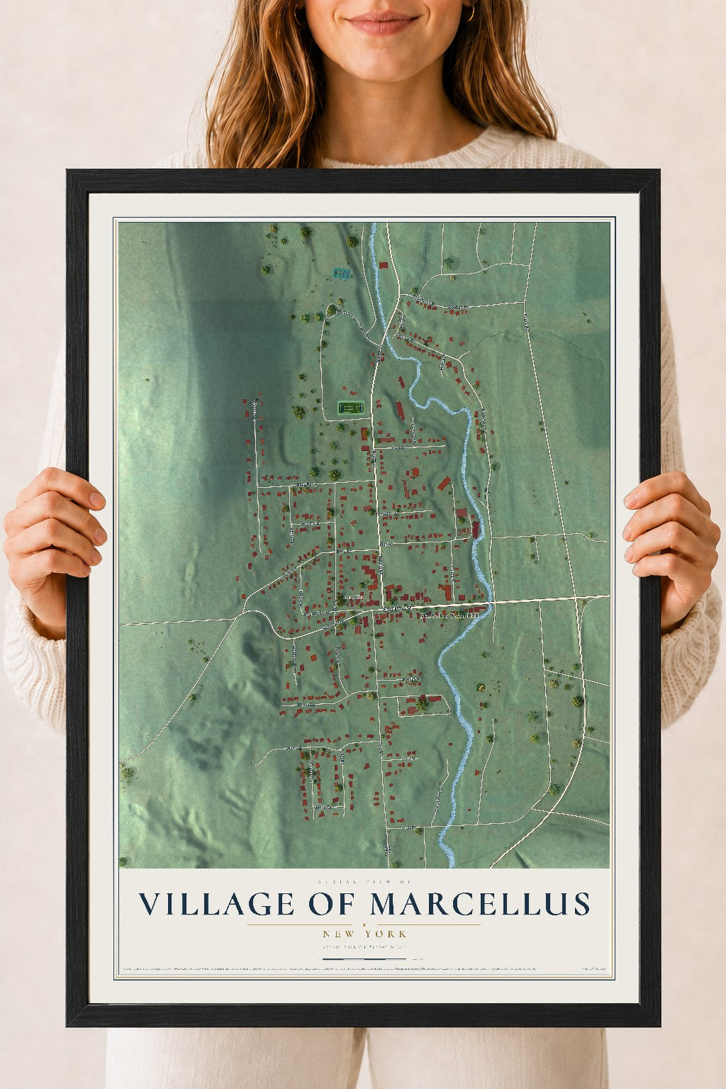 Marcellus, New York map print, 18" x 24" W/ Black Ayous Wood Frame mockup