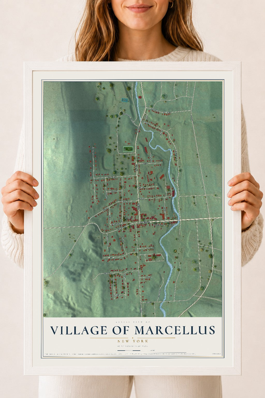 Marcellus, New York map print, 18" x 24" W/ White Ayous Wood Frame mockup