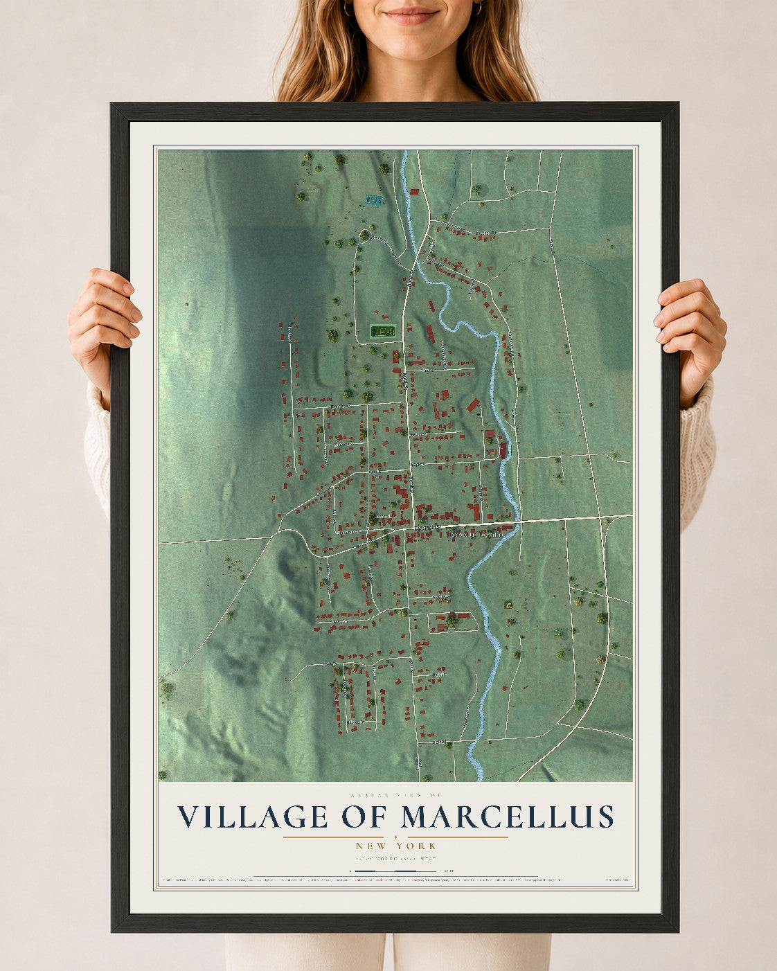 Marcellus, New York map print, 24" x 36" W/ Black Ayous Wood Frame mockup