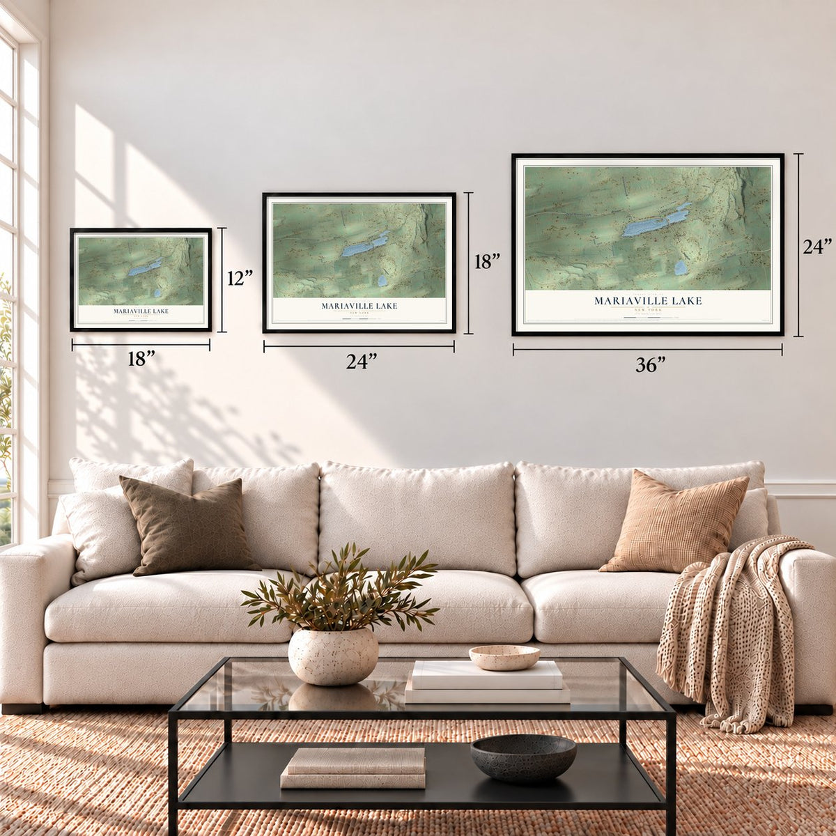 Mariaville Lake, New York map in 12 x 18, 18 x 24 and 24 x 36 inch sizes above a sofa