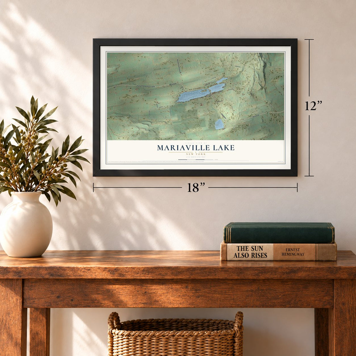 Mariaville Lake, New York map, 12 x 18 inch print in a black frame in an entryway