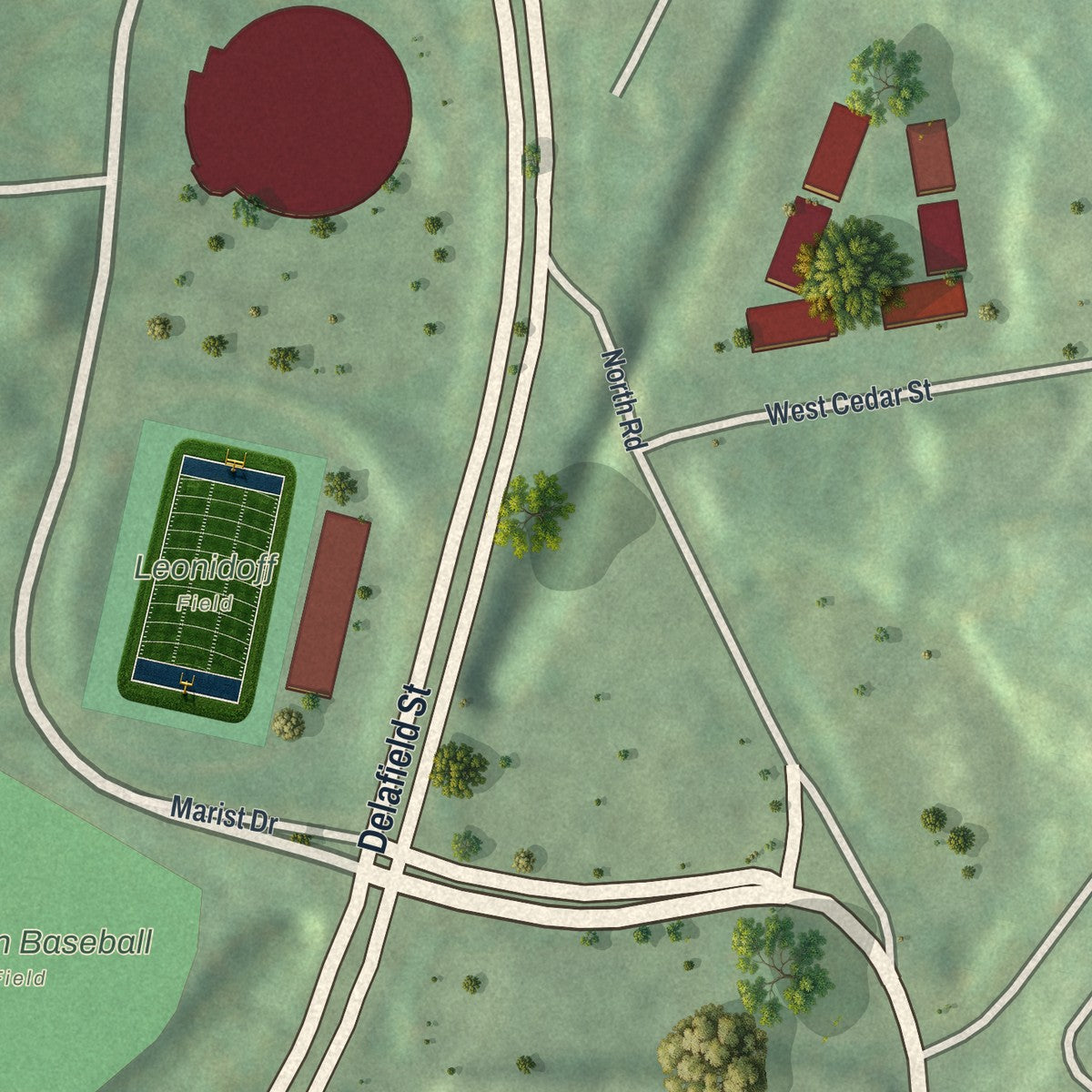 Close-up of the map of Marist College, New York print showing street and building detail