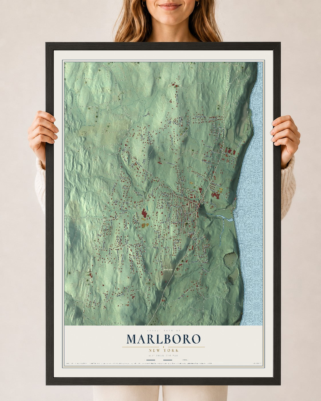 Marlboro, New York map print, 24" x 36" W/ Black Ayous Wood Frame mockup