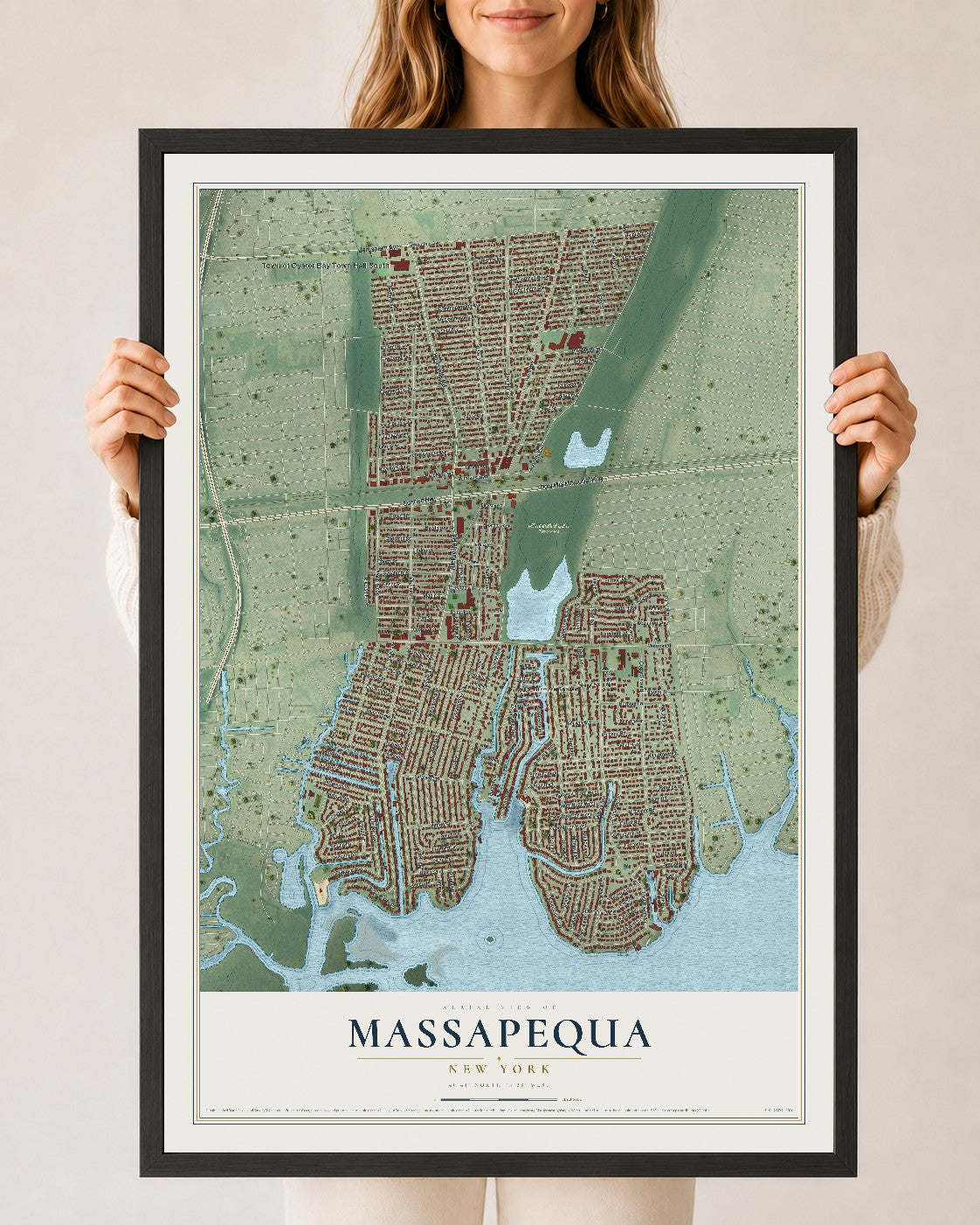 Massapequa, New York map print, 24" x 36" W/ Black Ayous Wood Frame mockup