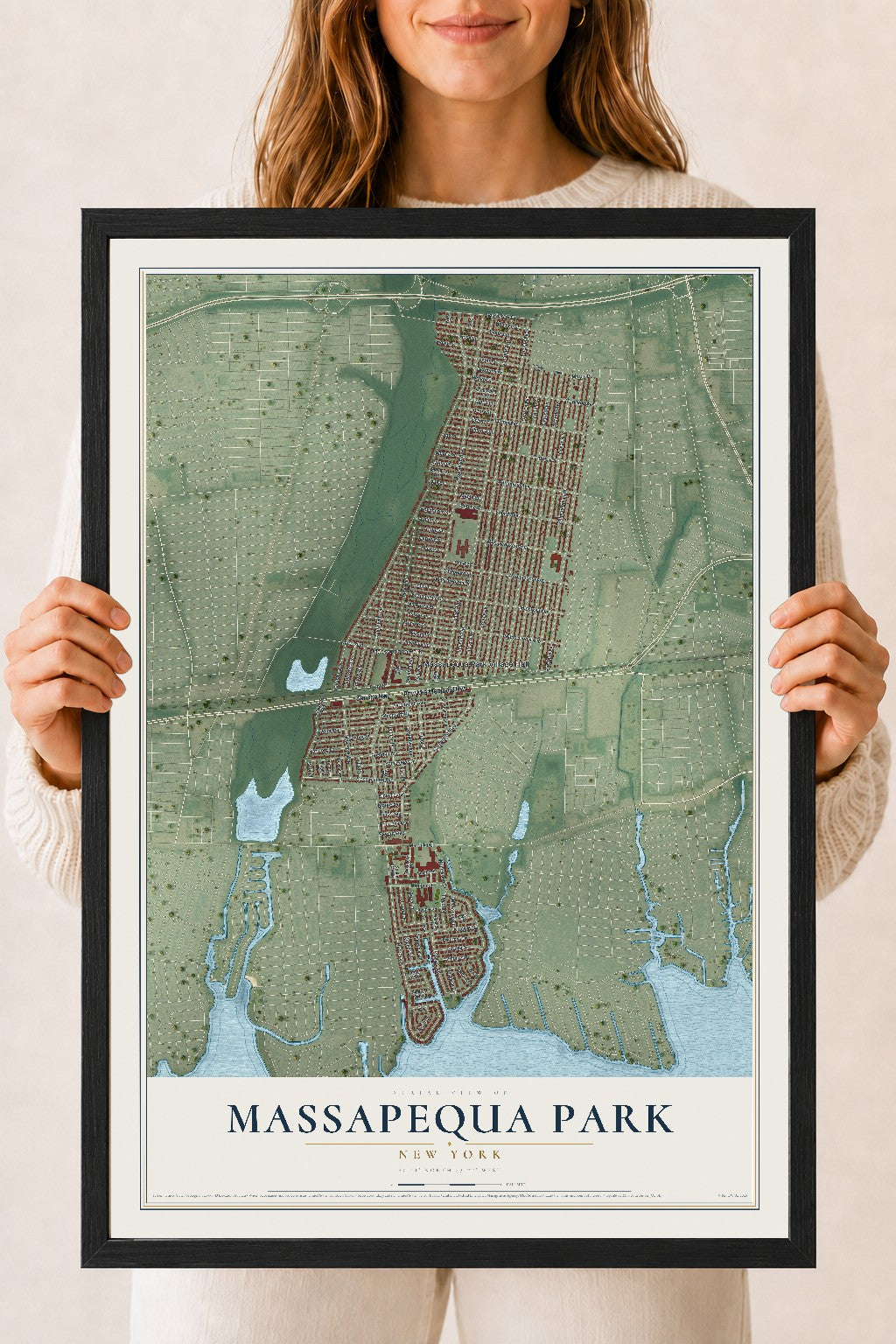 Massapequa Park, New York map print, 18" x 24" W/ Black Ayous Wood Frame mockup