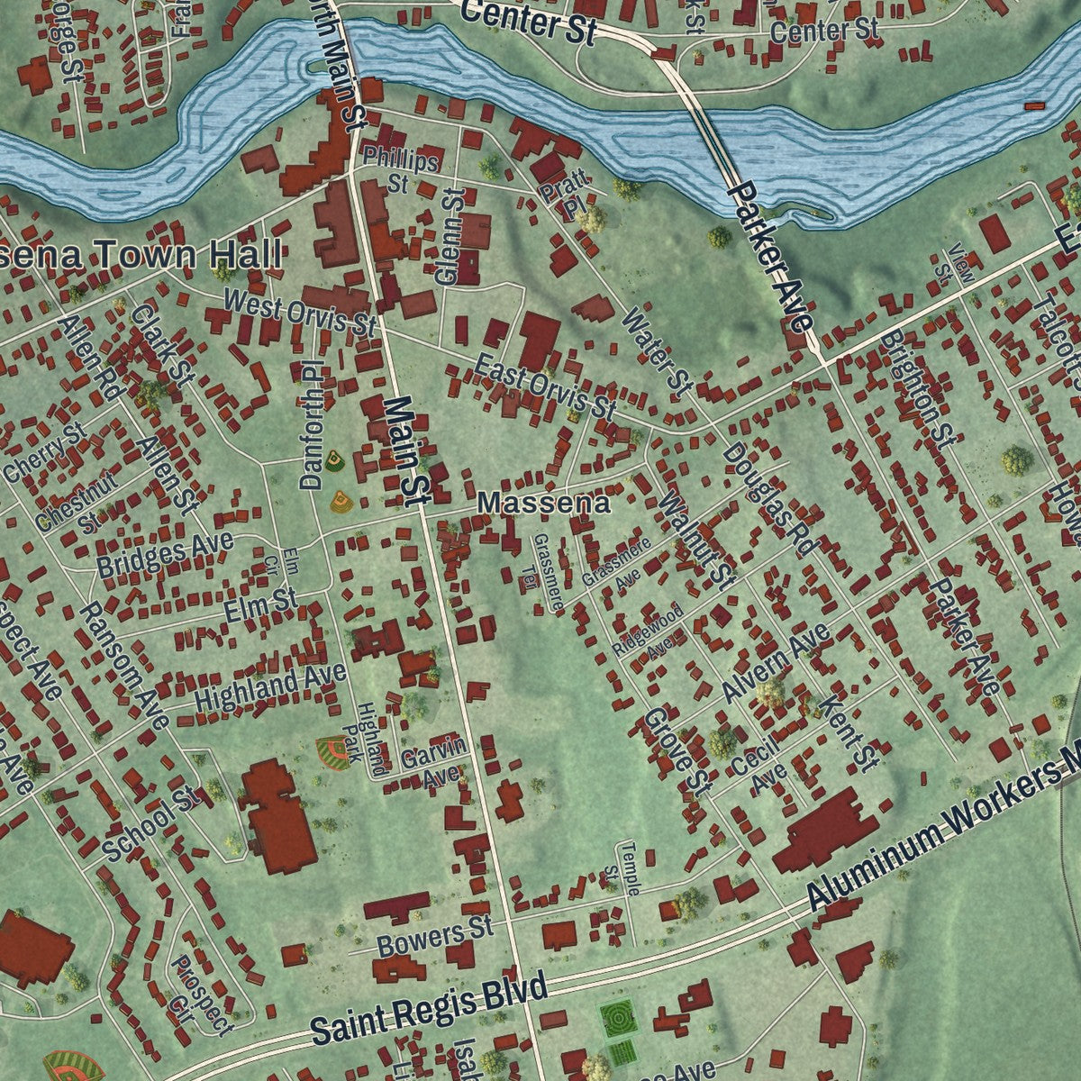 Close-up 1 of the Massena, New York map artwork