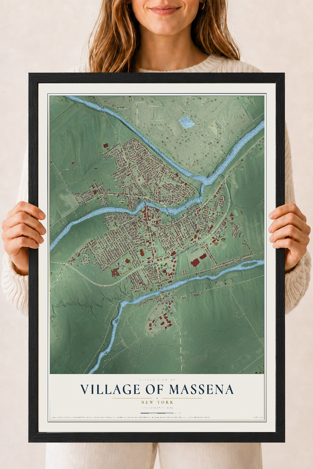 Massena, New York map print, 18" x 24" W/ Black Ayous Wood Frame mockup