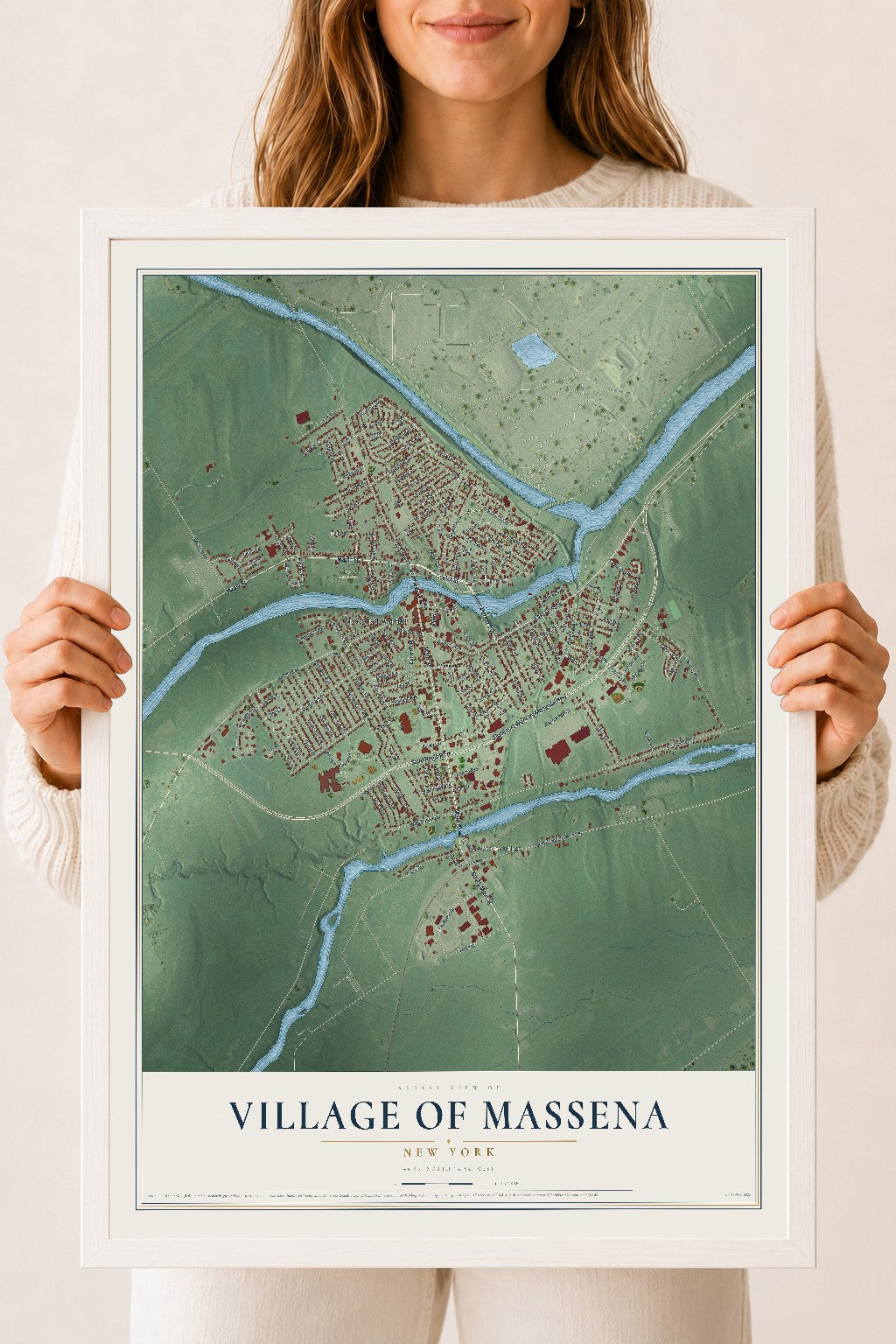 Massena, New York map print, 18" x 24" W/ White Ayous Wood Frame mockup
