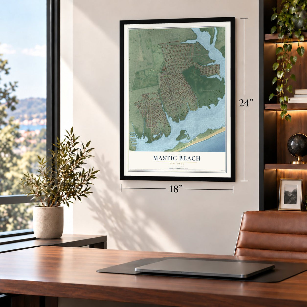 Mastic Beach, New York map, 18 x 24 inch print in a black frame in a home office