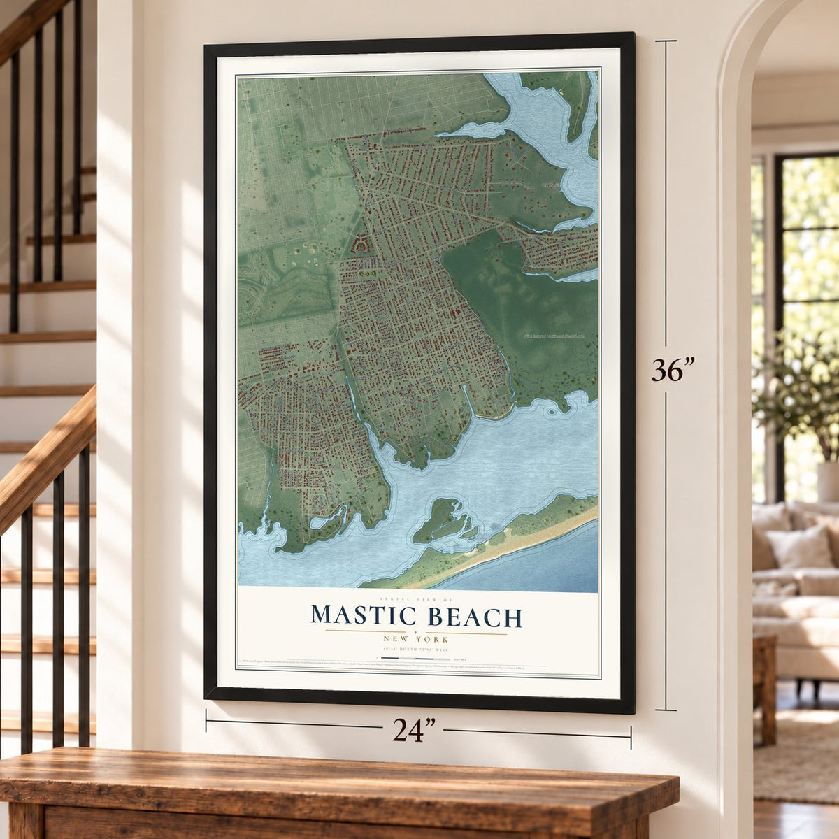 Mastic Beach, New York map, 24 x 36 inch print in a black frame by a staircase