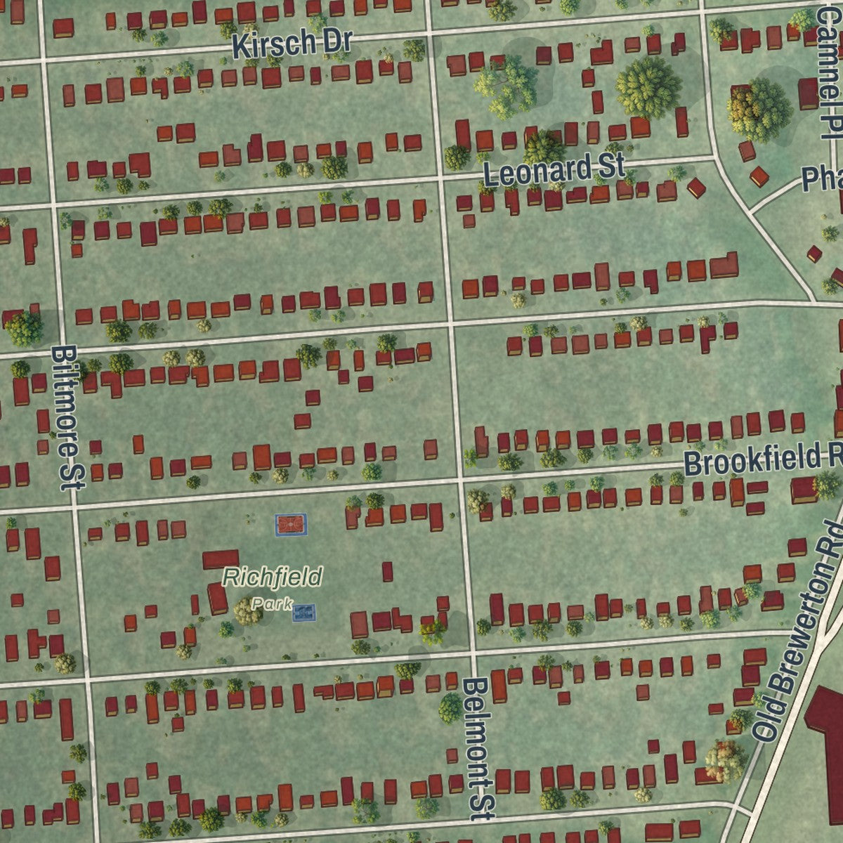 Close-up of the map of Mattydale, New York print showing street and building detail